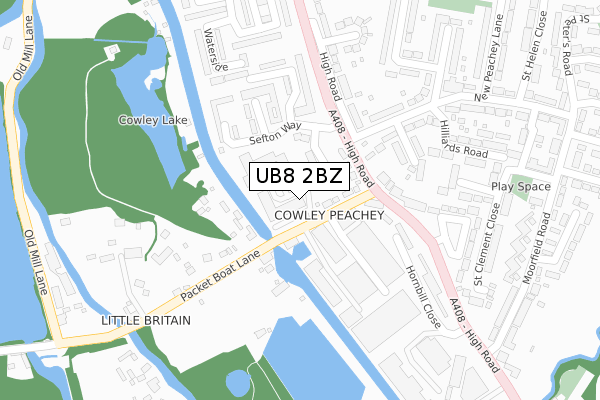 UB8 2BZ map - large scale - OS Open Zoomstack (Ordnance Survey)