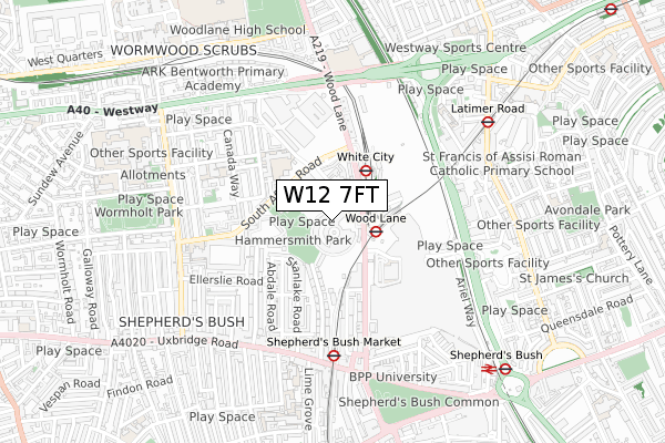 W12 7FT map - small scale - OS Open Zoomstack (Ordnance Survey)
