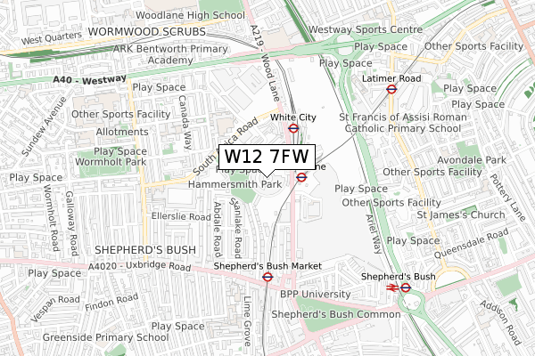 W12 7FW map - small scale - OS Open Zoomstack (Ordnance Survey)