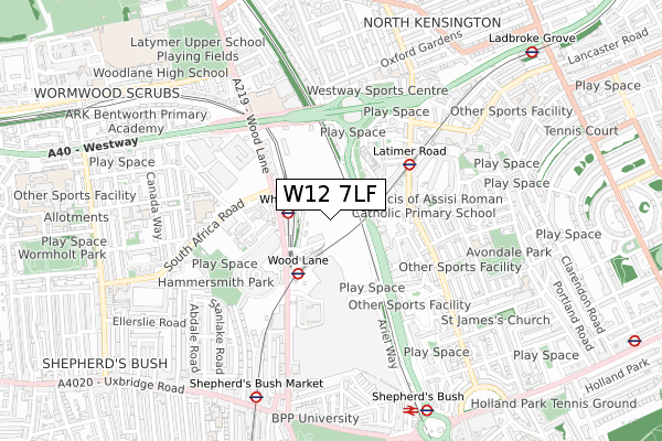 W12 7LF map - small scale - OS Open Zoomstack (Ordnance Survey)