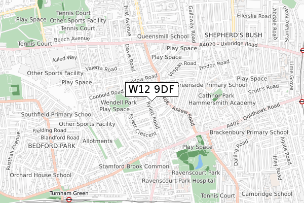 W12 9DF map - small scale - OS Open Zoomstack (Ordnance Survey)