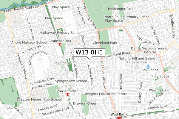 W13 0HE map - small scale - OS Open Zoomstack (Ordnance Survey)