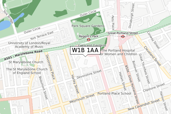 W1B 1AA map - large scale - OS Open Zoomstack (Ordnance Survey)