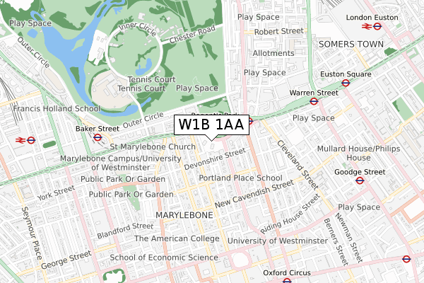 W1B 1AA map - small scale - OS Open Zoomstack (Ordnance Survey)
