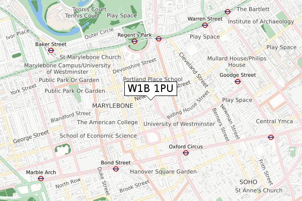 W1B 1PU map - small scale - OS Open Zoomstack (Ordnance Survey)