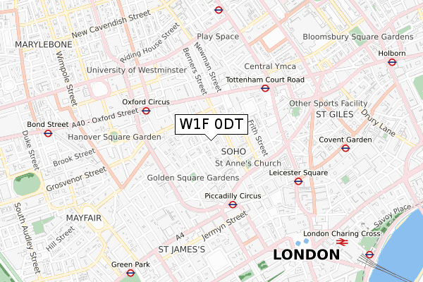 W1F 0DT map - small scale - OS Open Zoomstack (Ordnance Survey)