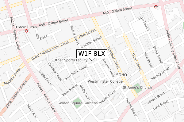 W1F 8LX map - large scale - OS Open Zoomstack (Ordnance Survey)