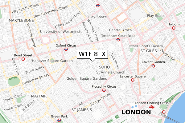 W1F 8LX map - small scale - OS Open Zoomstack (Ordnance Survey)