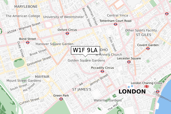 W1F 9LA map - small scale - OS Open Zoomstack (Ordnance Survey)