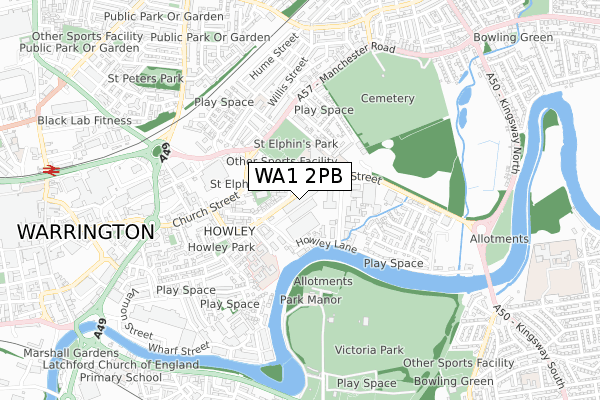 WA1 2PB map - small scale - OS Open Zoomstack (Ordnance Survey)