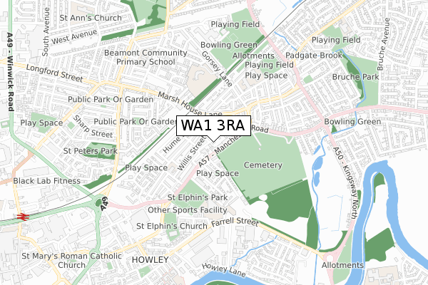 WA1 3RA map - small scale - OS Open Zoomstack (Ordnance Survey)