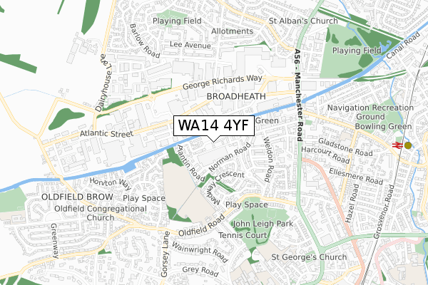 WA14 4YF map - small scale - OS Open Zoomstack (Ordnance Survey) WA14 4YF map - small scale - OS Open Zoomstack (Ordnance Survey)