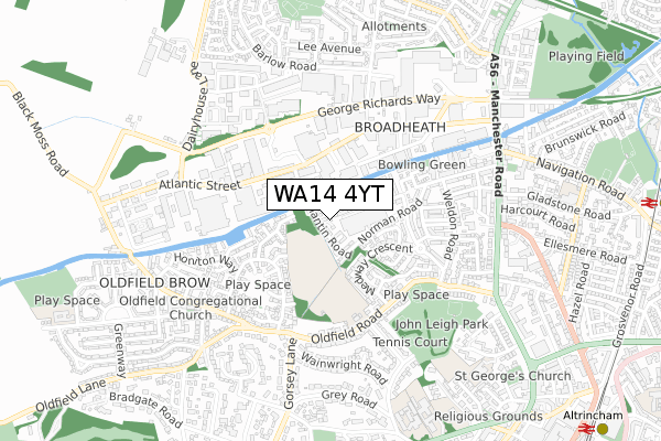 WA14 4YT map - small scale - OS Open Zoomstack (Ordnance Survey)