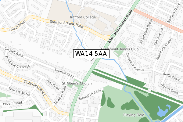 WA14 5AA map - large scale - OS Open Zoomstack (Ordnance Survey) WA14 5AA map - large scale - OS Open Zoomstack (Ordnance Survey)