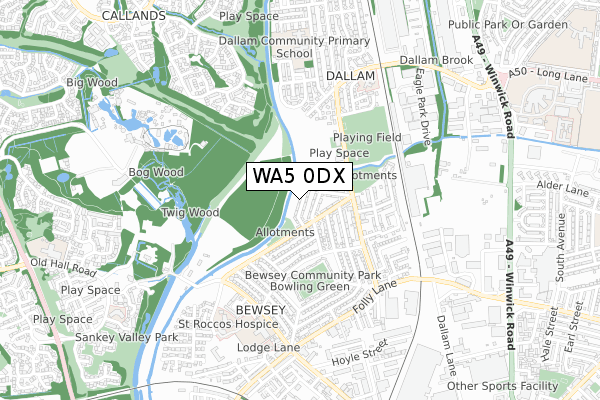 WA5 0DX map - small scale - OS Open Zoomstack (Ordnance Survey)