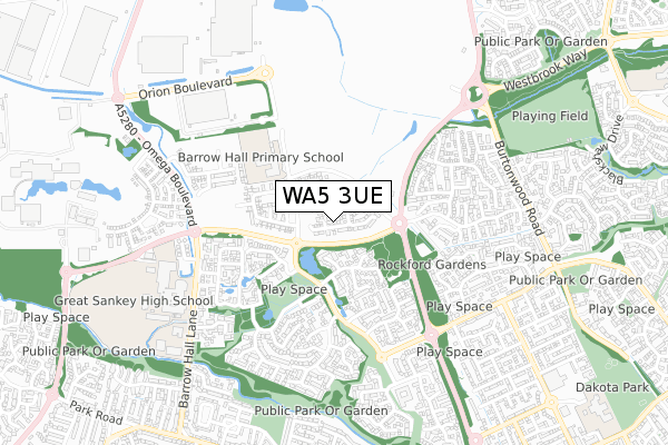 WA5 3UE map - small scale - OS Open Zoomstack (Ordnance Survey)