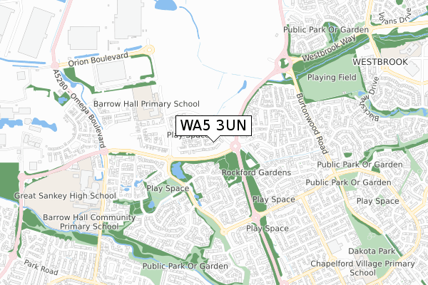 WA5 3UN map - small scale - OS Open Zoomstack (Ordnance Survey)