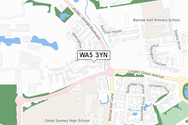 WA5 3YN map - large scale - OS Open Zoomstack (Ordnance Survey)