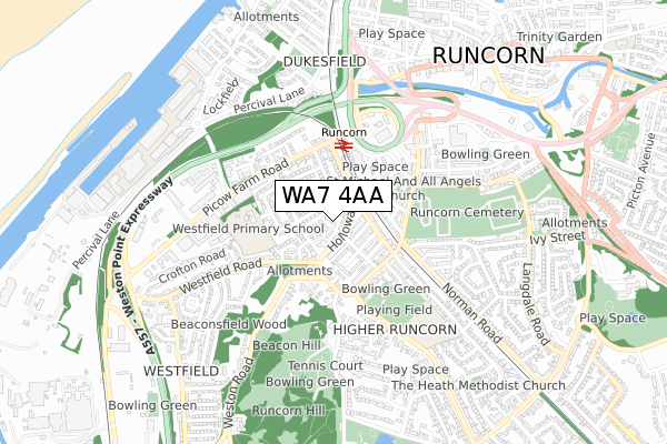 WA7 4AA map - small scale - OS Open Zoomstack (Ordnance Survey)