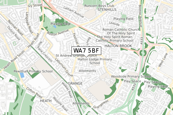 WA7 5BF map - small scale - OS Open Zoomstack (Ordnance Survey)