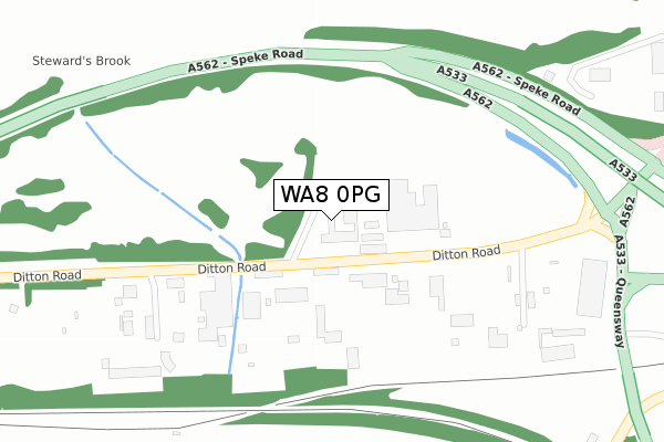 WA8 0PG map - large scale - OS Open Zoomstack (Ordnance Survey)