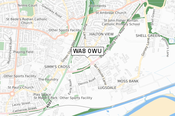 WA8 0WU map - small scale - OS Open Zoomstack (Ordnance Survey)