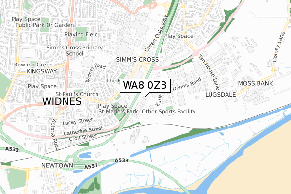 WA8 0ZB map - small scale - OS Open Zoomstack (Ordnance Survey)