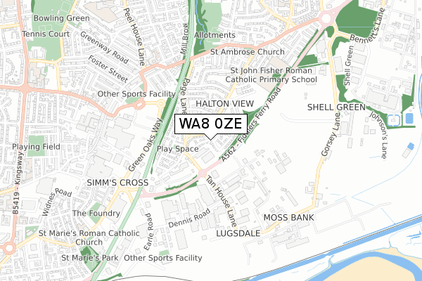 WA8 0ZE map - small scale - OS Open Zoomstack (Ordnance Survey)