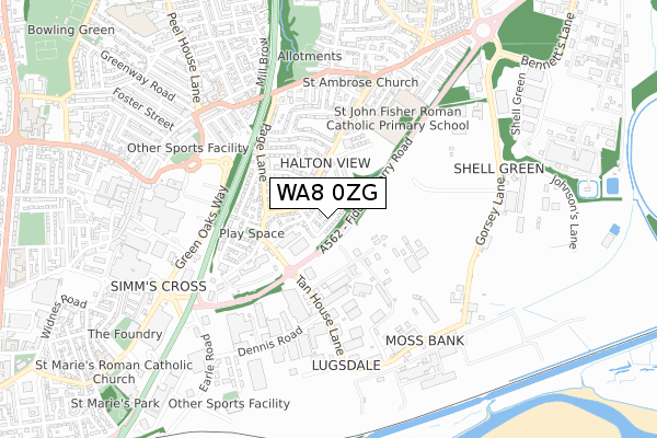 WA8 0ZG map - small scale - OS Open Zoomstack (Ordnance Survey)
