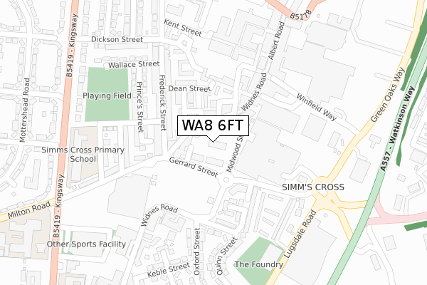 WA8 6FT map - large scale - OS Open Zoomstack (Ordnance Survey)