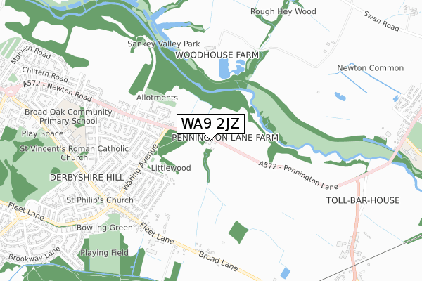 WA9 2JZ map - small scale - OS Open Zoomstack (Ordnance Survey)