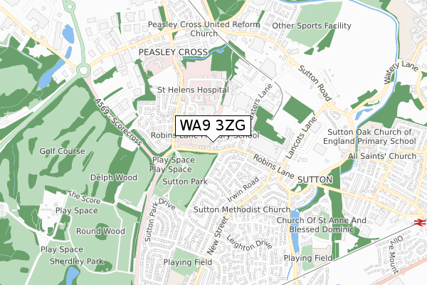 WA9 3ZG map - small scale - OS Open Zoomstack (Ordnance Survey)