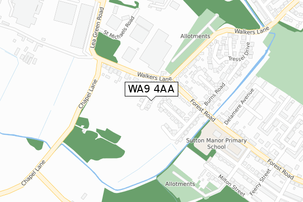 WA9 4AA map - large scale - OS Open Zoomstack (Ordnance Survey)