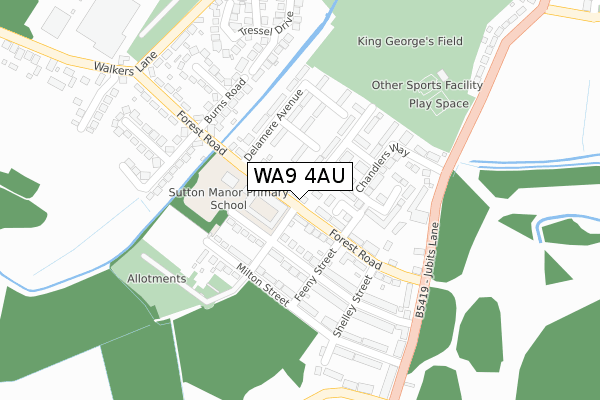 WA9 4AU map - large scale - OS Open Zoomstack (Ordnance Survey)