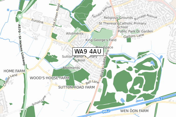 WA9 4AU map - small scale - OS Open Zoomstack (Ordnance Survey)