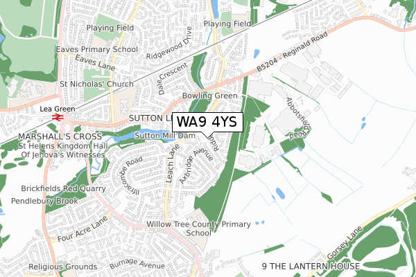 WA9 4YS map - small scale - OS Open Zoomstack (Ordnance Survey)
