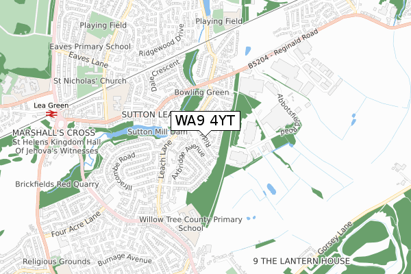 WA9 4YT map - small scale - OS Open Zoomstack (Ordnance Survey)