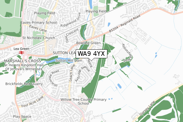 WA9 4YX map - small scale - OS Open Zoomstack (Ordnance Survey)