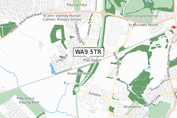 WA9 5TR map - small scale - OS Open Zoomstack (Ordnance Survey)