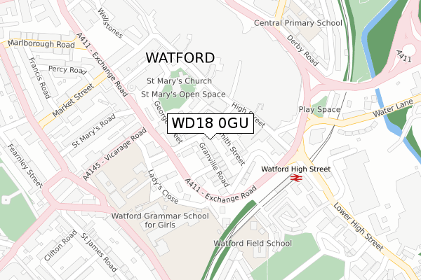 WD18 0GU map - large scale - OS Open Zoomstack (Ordnance Survey)