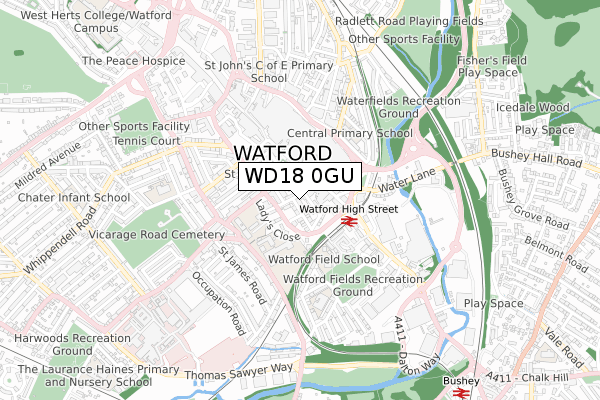 WD18 0GU map - small scale - OS Open Zoomstack (Ordnance Survey)