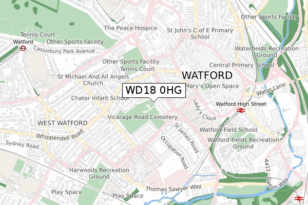 WD18 0HG map - small scale - OS Open Zoomstack (Ordnance Survey)