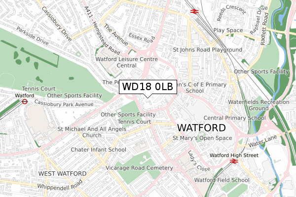 WD18 0LB map - small scale - OS Open Zoomstack (Ordnance Survey)