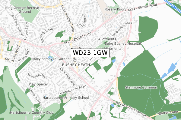 WD23 1GW map - small scale - OS Open Zoomstack (Ordnance Survey)