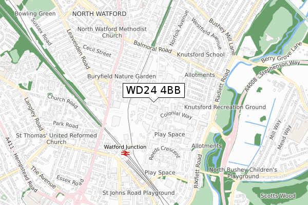 WD24 4BB map - small scale - OS Open Zoomstack (Ordnance Survey)