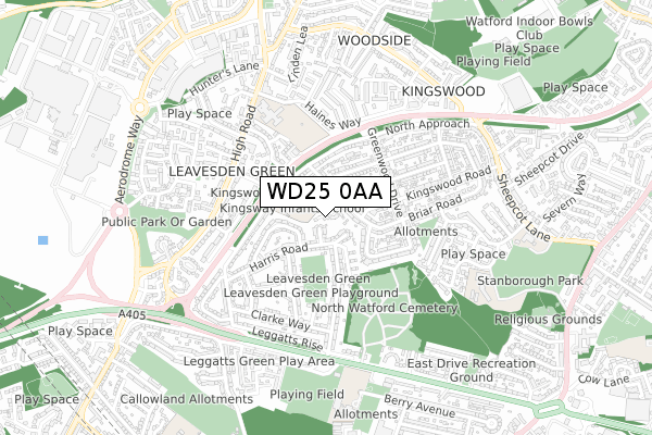 WD25 0AA map - small scale - OS Open Zoomstack (Ordnance Survey)