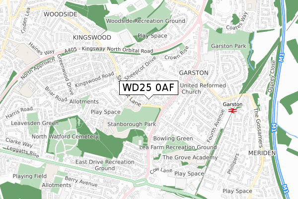 WD25 0AF map - small scale - OS Open Zoomstack (Ordnance Survey)