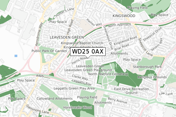WD25 0AX map - small scale - OS Open Zoomstack (Ordnance Survey)