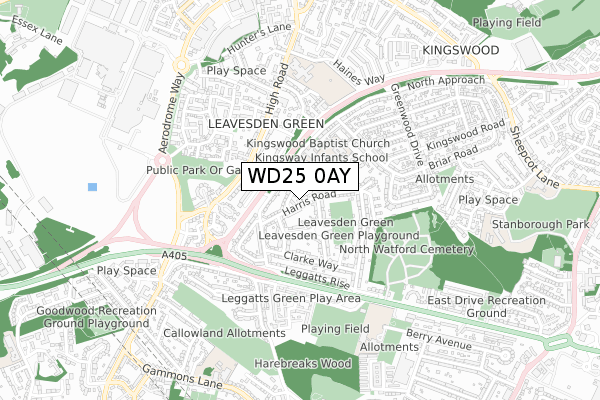 WD25 0AY map - small scale - OS Open Zoomstack (Ordnance Survey)