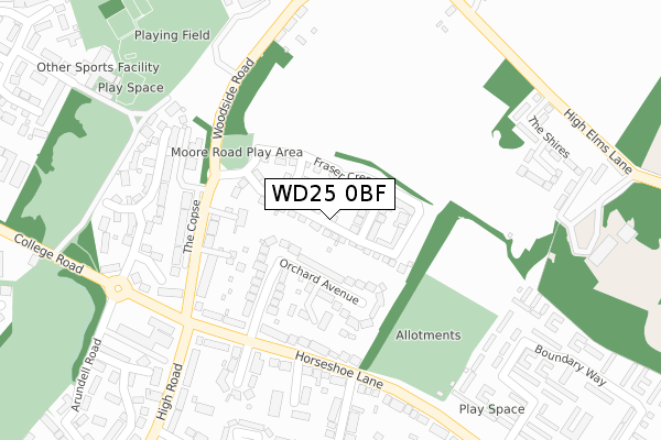 WD25 0BF map - large scale - OS Open Zoomstack (Ordnance Survey)